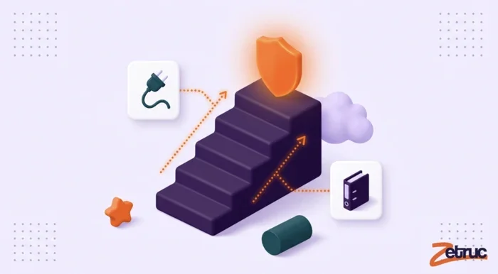 Illustration Zetruc : un escalier surmonté d'un bouclier, entouré d'un nuage et d'un classeur.