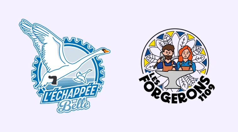 Deux des huit emblèmes d'équipe créés par Zetruc pour des magasins Decathlon : le cygne de L'Échappée Belle à Aulnoy-lez-Valenciennes, et l'enclume des Forgerons 1109 à Laon.