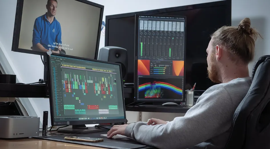 Poste de montage : étalonnage et mixage d'une vidéo à l'agence.
