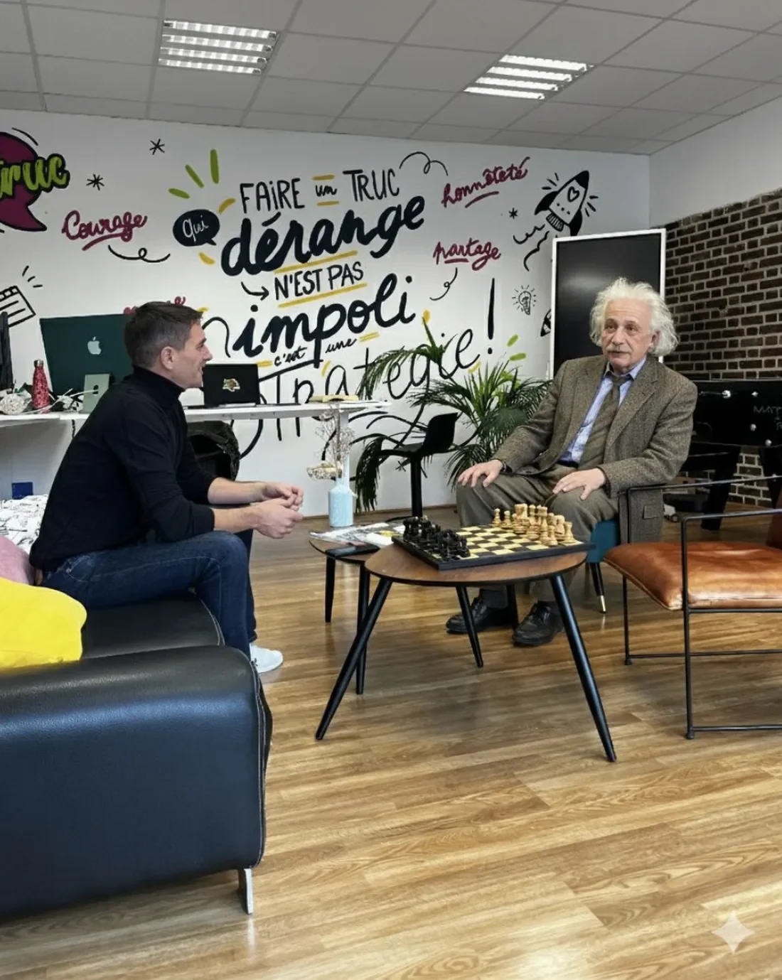 Partie d'échecs à l'agence face à une statue d'Einstein, devant la fresque « Faire un truc qui dérange n'est pas impoli, c'est une stratégie ».