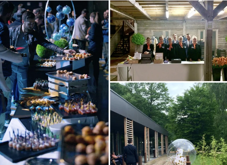 Accueil d'un événement accompagné par l'agence : équipe d'hôtes identifiée, buffet de cocktail, terrasse du lieu.
