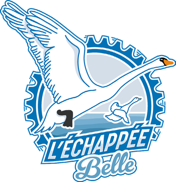 Logo final L'Échappée Belle : cygne de Valenciennes en vol dans une roue crantée de vélo.